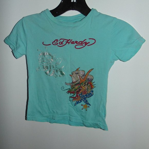 Ed Hardy Unisex Teal Blue Rhinestone Dragon Silver Bee Toddler T-Shirt sz 4 Year - Picture 2 of 5
